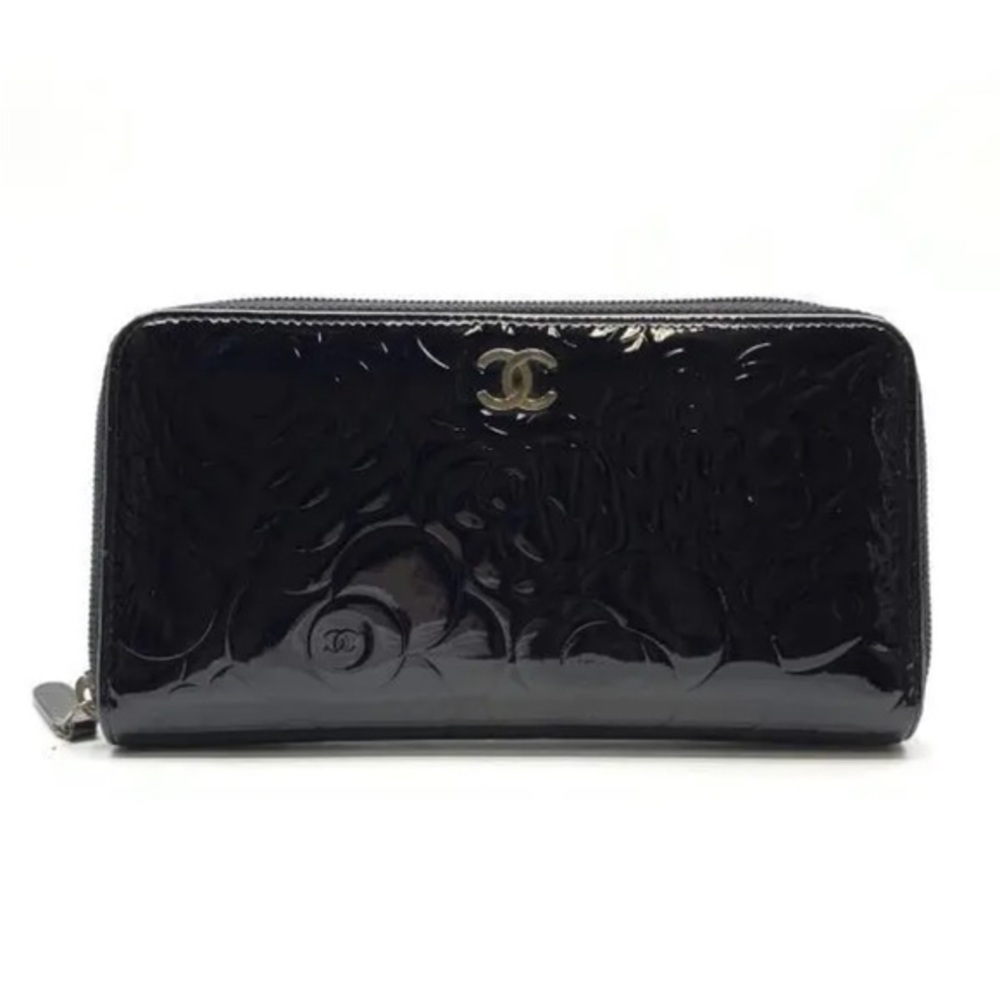 Authentic Chanel Camelia patent leather zip around wallet long